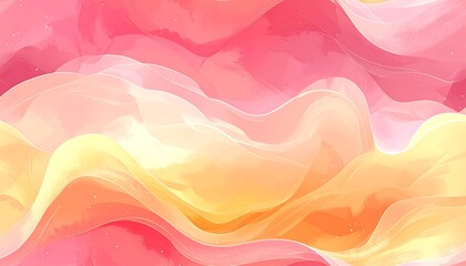 Abstract watercolor background with flowing, translucent layers of peach, pink, and yellow hues, creating a soft, dreamy effect