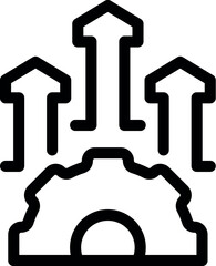 Upward arrows emerging from gear symbolize increased efficiency and business growth, representing concepts of progress and development