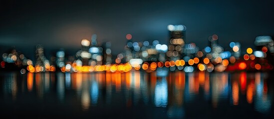 Nighttime bokeh cityscape reflecting off water