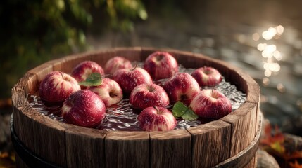Obraz premium Bright red apples floating in a rustic wooden barrel filled with water. The apples are fresh, shiny, and vibrant, evoking a sense of harvest, autumn, and tradition