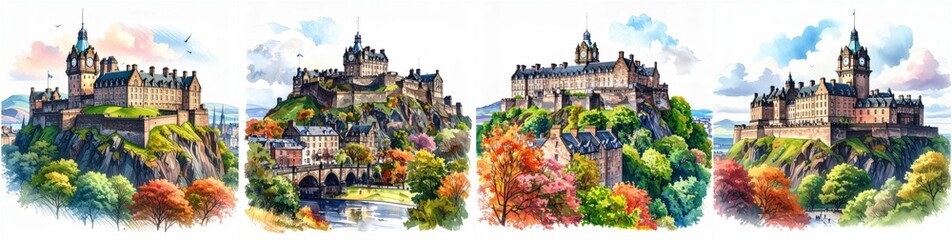 Naklejka premium Edinburgh Castle, Edinburgh, Scotland handcrafted colored pencil illustration with radiant tones and fine detail.