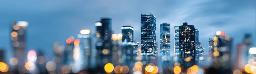 Cityscape lights sparkle in soft focus, blue background at night
