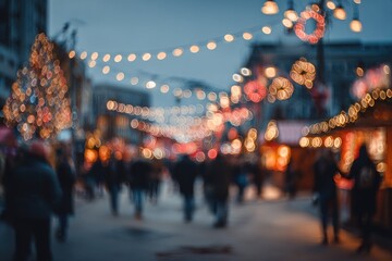 Blurred Christmas market crowd under festive, glowing light strings