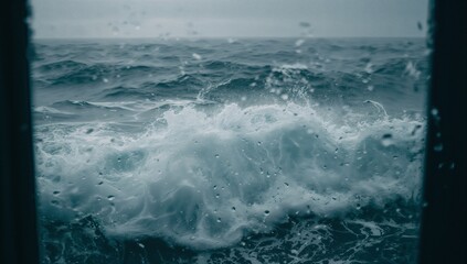 Crashing choppy dark teal waves smashing ship hatch frame, spraying droplets on glass in gray seas