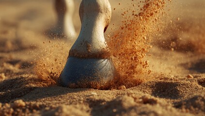 Horse hoof with metal horseshoe sending fine sand particles in outdoor sandy arena, with sand spray