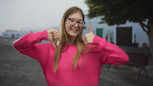 Smiling blonde woman wearing pink sweater gives thumbs up and thumbs down gesture in sunny street; indecision.
