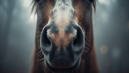 Filling frame horse muzzle showing textured nostrils and whiskers amid misty forest backdrop