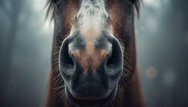 Filling frame horse muzzle showing textured nostrils and whiskers amid misty forest backdrop