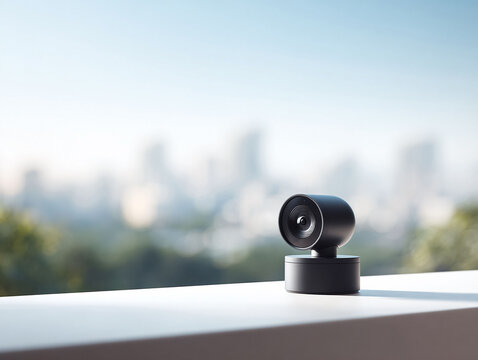 Sleek webcam captures the skyline, symbolizing remote work, surveillance, or modern technology. Perfect for illustrating video calls, security systems, or connected homes.