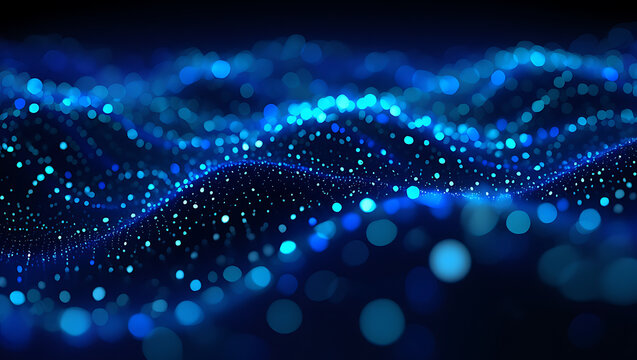 Abstract glowing blue particles forming a dynamic wave pattern on a dark background representing data flow and digital technology
