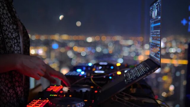 DJ performing on rooftop at 310 meters above Bangkok city – nightlife and music scene with stunning city lights