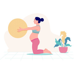 Pregnant Woman Kneeling In Pink Leggings And Blue Sports Bra Exercising With A Stability Ball Next To A Potted Plant On A White Background