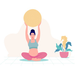 Pregnant Woman Sitting Cross-legged Holding Stability Ball Above Head In A Yoga Pose With A Potted Plant And Soft Pink Background