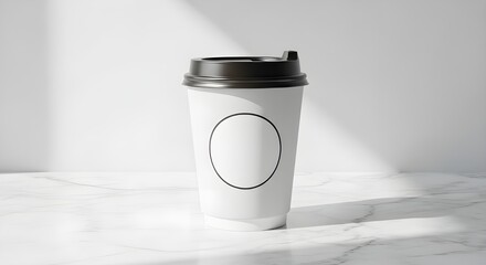 A clean, minimal product shot of a disposable white coffee cup with a contrasting black lid and an empty, circular label or logo placeholder. The cup stands on a glossy white marble surface against