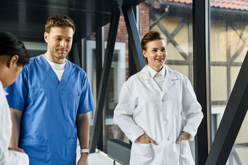 In a modern healthcare facility, diverse medical staff collaborates on patient care