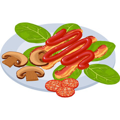 Plate of Sliced Mushrooms Bacon Strips Salami Slices and Fresh Spinach Leaves Drizzled with Ketchup Sauce on a Light Blue Plate with a White Rim and Transparent Background