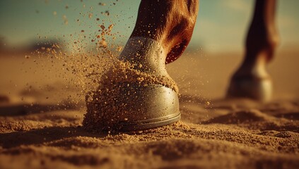 Striking horse hoof sending coarse sand grains into sunlight on sandy plain, with metal horseshoe