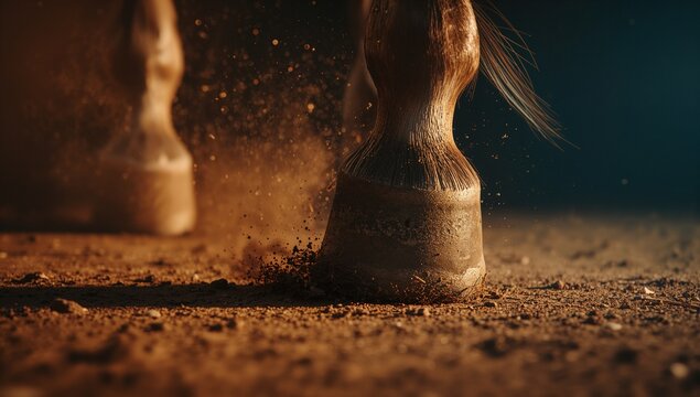 Kicking horse hoof sending dust particles into air in riding arena, loose dirt swirling - Powered by Adobe