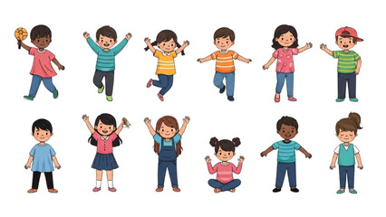 Diverse group of happy cartoon children characters in various playful poses