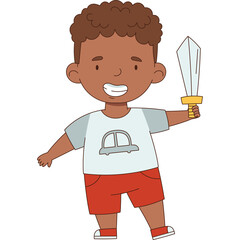 Playful young boy with curly brown hair and a bright smile holding a golden toy sword and wearing a white t-shirt with a graphic and red shorts standing against a transparent background