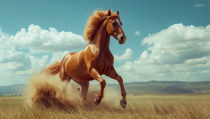 Galloping chestnut horse kicking up dust cloud across golden grass plain, with rolling hills