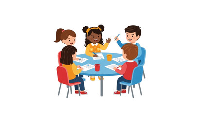 Children learning together at a round table with papers and pencils