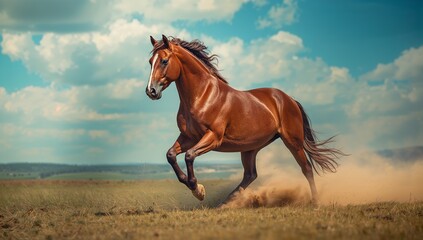 Obraz premium Galloping glossy chestnut horse kicking up dust across dry grass plain, under partly cloudy sky