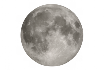 Full moon appearing in space with visible craters, lunar satellite celestial body on transparent background