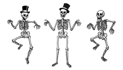 Three dancing skeletons in top hats, black and white vector illustration on transparent background