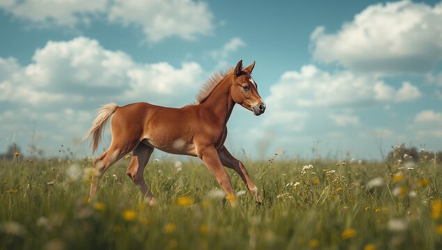 Trotting chestnut foal shining through lush green meadow, with yellow wildflowers and tall grasses - Powered by Adobe