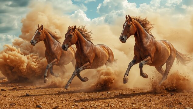 Galloping three bay horses kicking up swirling dust clouds on arid rocky plain, scattering pebbles - Powered by Adobe