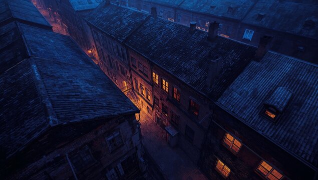 Illuminating narrow cobblestone alley under night sky, with glowing windows and street lamp - Powered by Adobe