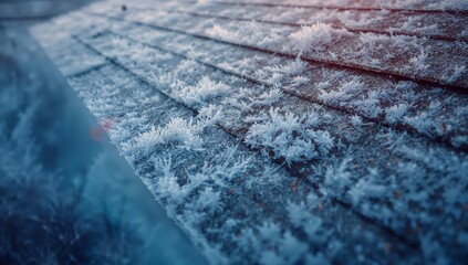 Covering wooden roof shingles with spiky frost crystals glistening on rooftop above forest