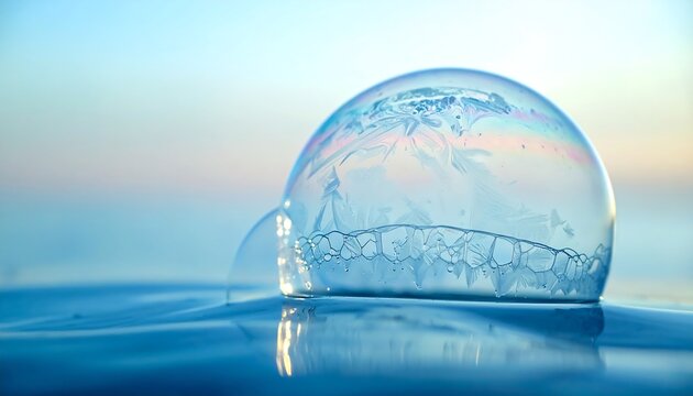 Frozen soap bubble on water; ice crystals form within the translucent sphere. Soft, blurred blue gradient background