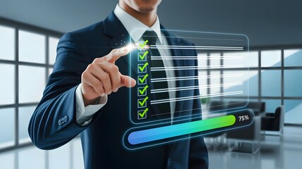 Businessman touches a digital progress checklist with check marks and an advancing loading bar, symbolizing task completion and project progress. progress bar, Management and tracking strategies,