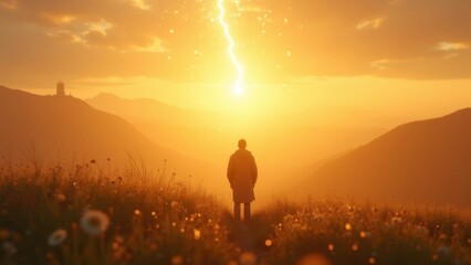 Fototapeta premium Solitary figure on a hilltop full of flowers at sunrise, bathed in soft, golden light with silhouette of a cathedral at background, dreamy scene