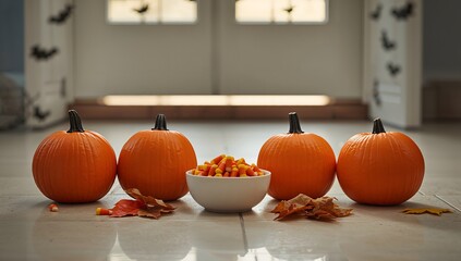 Four pumpkins and candy corn arranged on a floor with autumn leaves in front of a door ready for halloween trick or treaters