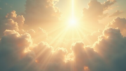 Dramatic golden sunlight rays breaking through fluffy white clouds in heavenly sky, ethereal glowing atmosphere with soft beams, spiritual scene, concept of religion inspiration wellness