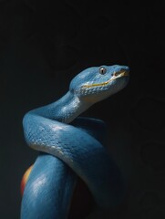 Fototapeta premium Striking Blue Viper Coiled around fruit. Reptilian grace in dark setting with a captivating gaze.