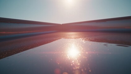 Shining sun reflecting on calm water within metallic channel, with sparkles and lens flare