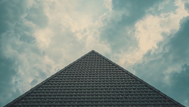 Displaying symmetrical triangular roof rising at ground-level under overcast sky, with shingles - Powered by Adobe