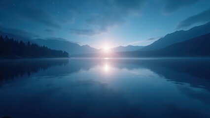 Fototapeta premium A tranquil, reflective scene capturing a calm lake at twilight. The water mirrors a dramatic sky filled with soft, radiant light and scattered stars.