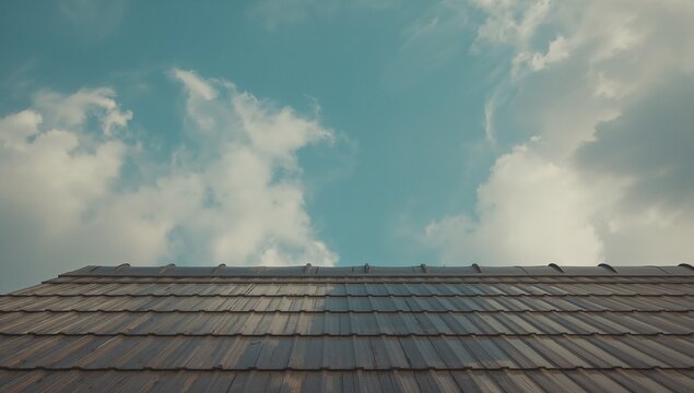 Featuring house rooftop showcasing overlapping tiles under blue sky, highlighting roof ridge cap - Powered by Adobe