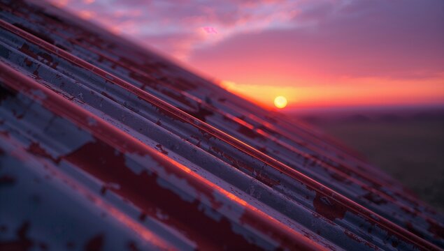 Displaying corrugated metal panel showing rust and peeling red paint on rooftop, with sunset glow - Powered by Adobe