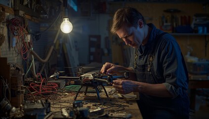 Technician wearing overalls assembling quadcopter drone in workshop under exposed bulb