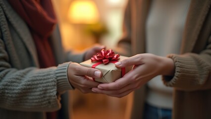 Person quietly handing a small, wrapped gift to someone in need at a community center. The exchange is intimate, with soft expressions of gratitude and kindness