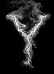 Lightning forks through swirling smoke, bright white against black