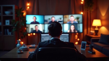 A man participating in video conference call, sitting at desk with multiple screens showing smiling colleagues in warm lit home office, professional scene