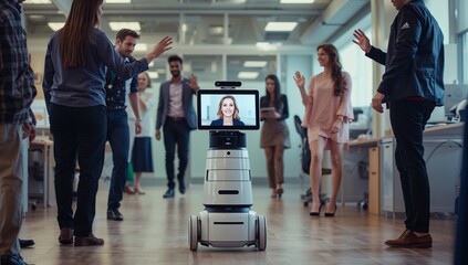 Waving business-casual team raising hands at telepresence robot in office, greeting remote member