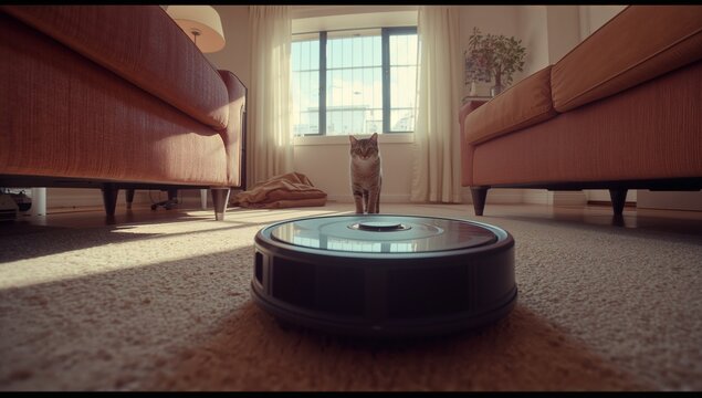 Gliding robot vacuum cleaner navigating living room toward tabby cat, passing rust colored sofas - Powered by Adobe